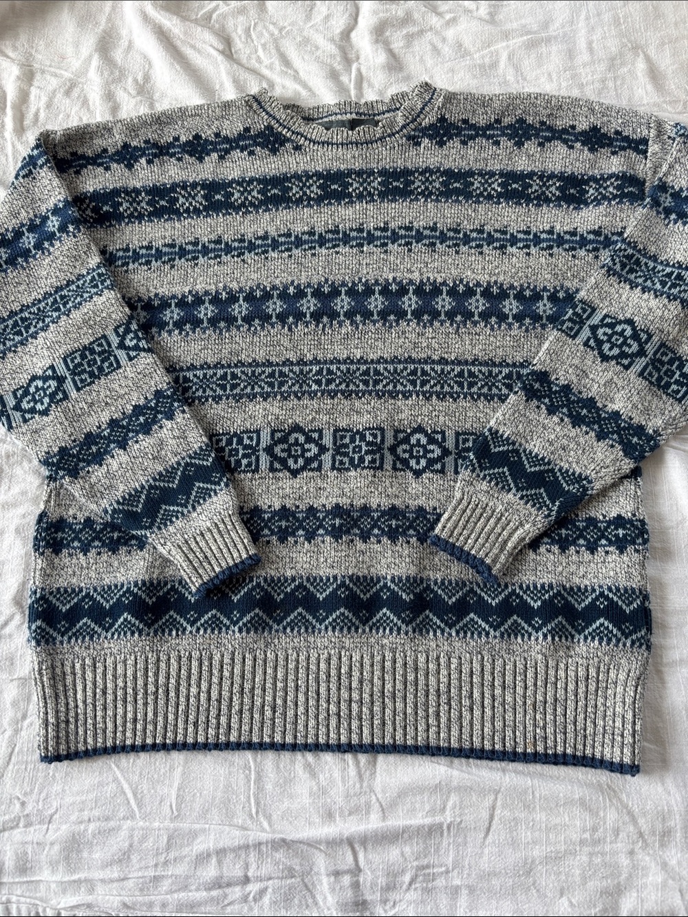 Vintage LizWear sweater, cotton, gray/blues, ruffle collar, USA, size M